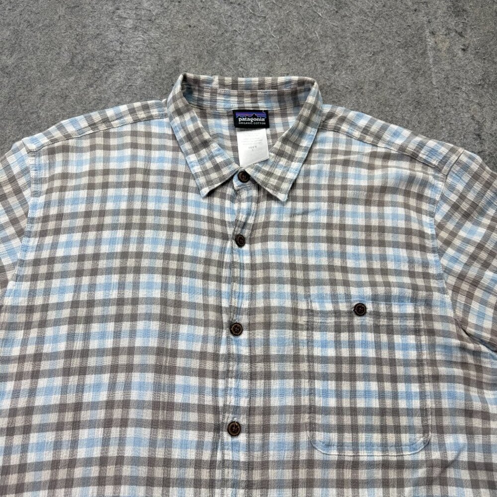 Patagonia A/C Shirt Men L Blue Gray Gauze Plaid 52921 Organic Button Down